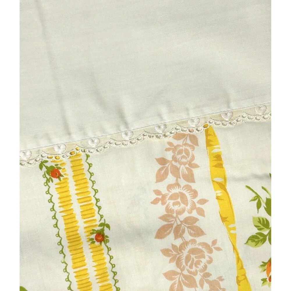 Vintage JC Penney Queen Flat Sheet Floral Yellow Ribbons Bows Embroidered Hearts